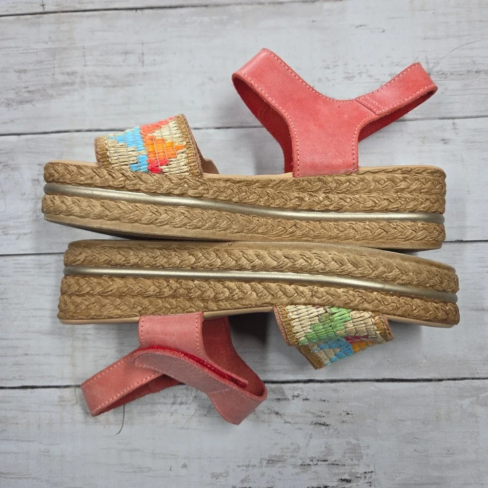 Spring Step Woven Platform Sandal Espadrille Women 36 Coral Pink Multi Leather